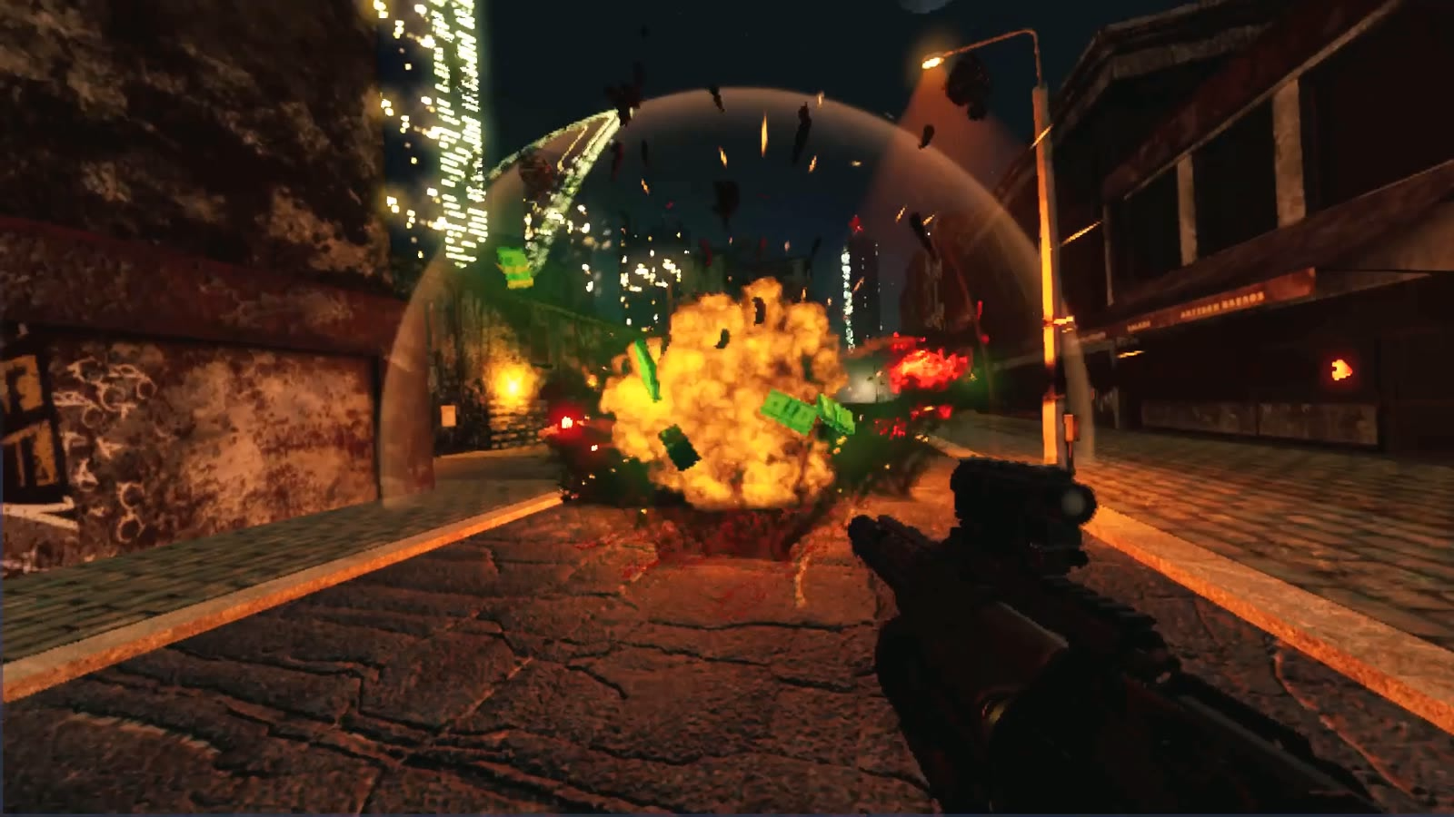 An artillery shell bursts on a night street in Gore Grind