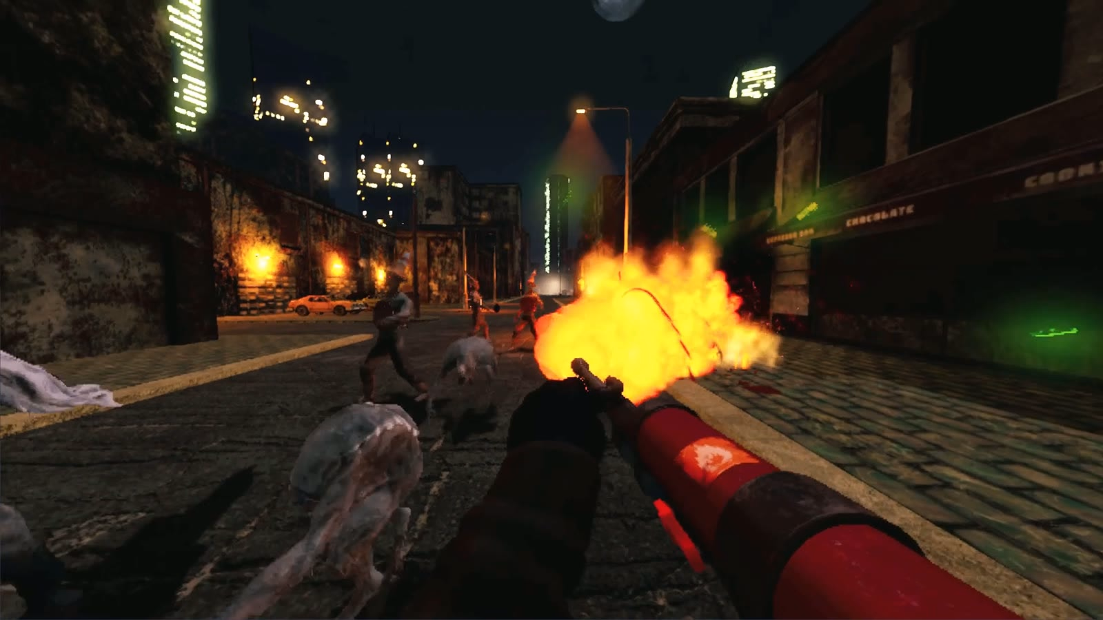 A flamethrower torching zombies on the avenue