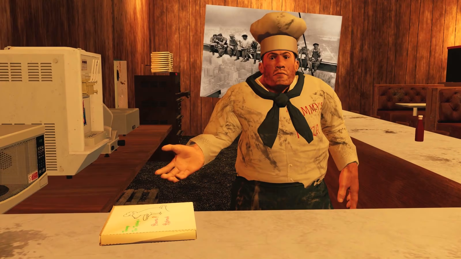 Tommy behind the counter of his pizzeria