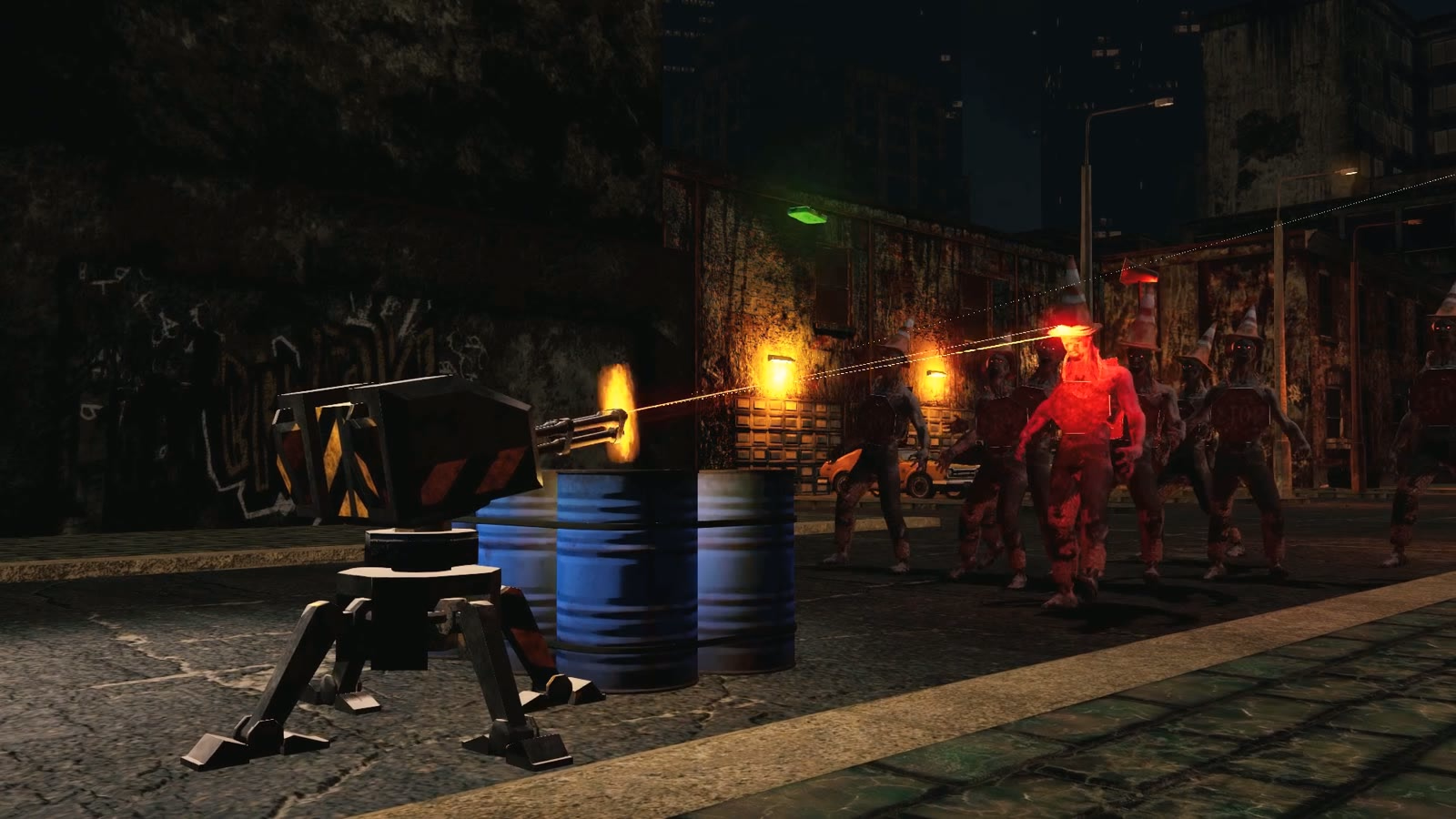 A player-placed turret shredding a zombie horde